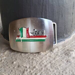 Italy Flag Belt Buckle -Silver Metal - Vintage